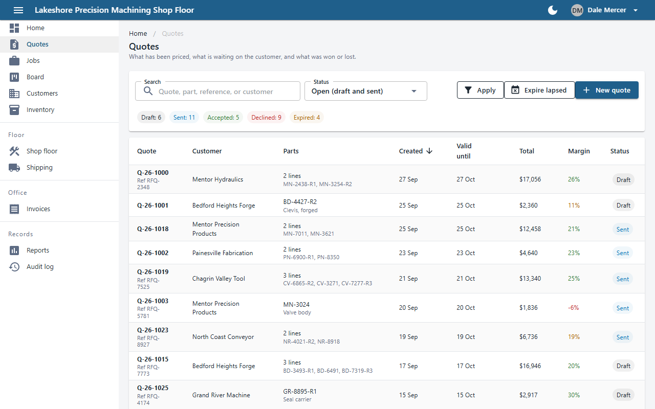 Quote list with status chips and margin percentages