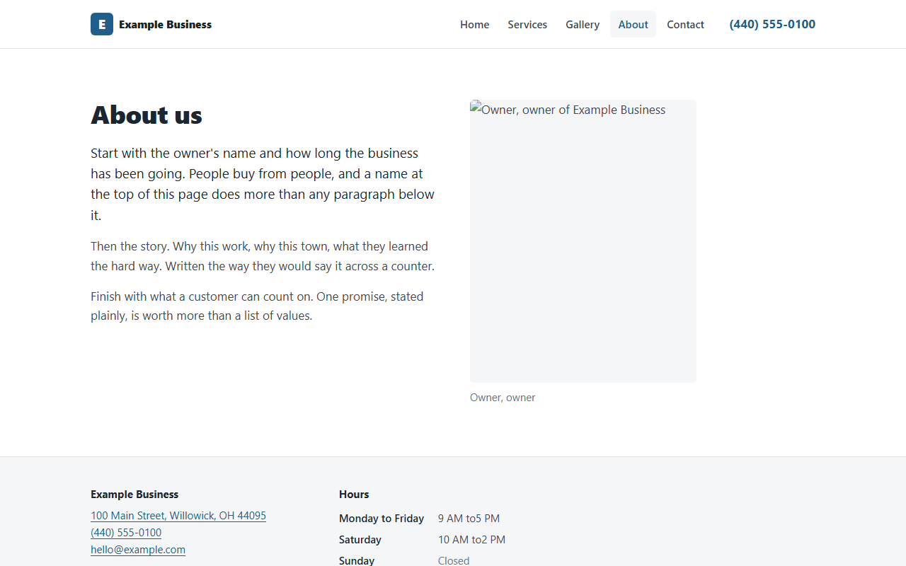 About page with a short story about the business