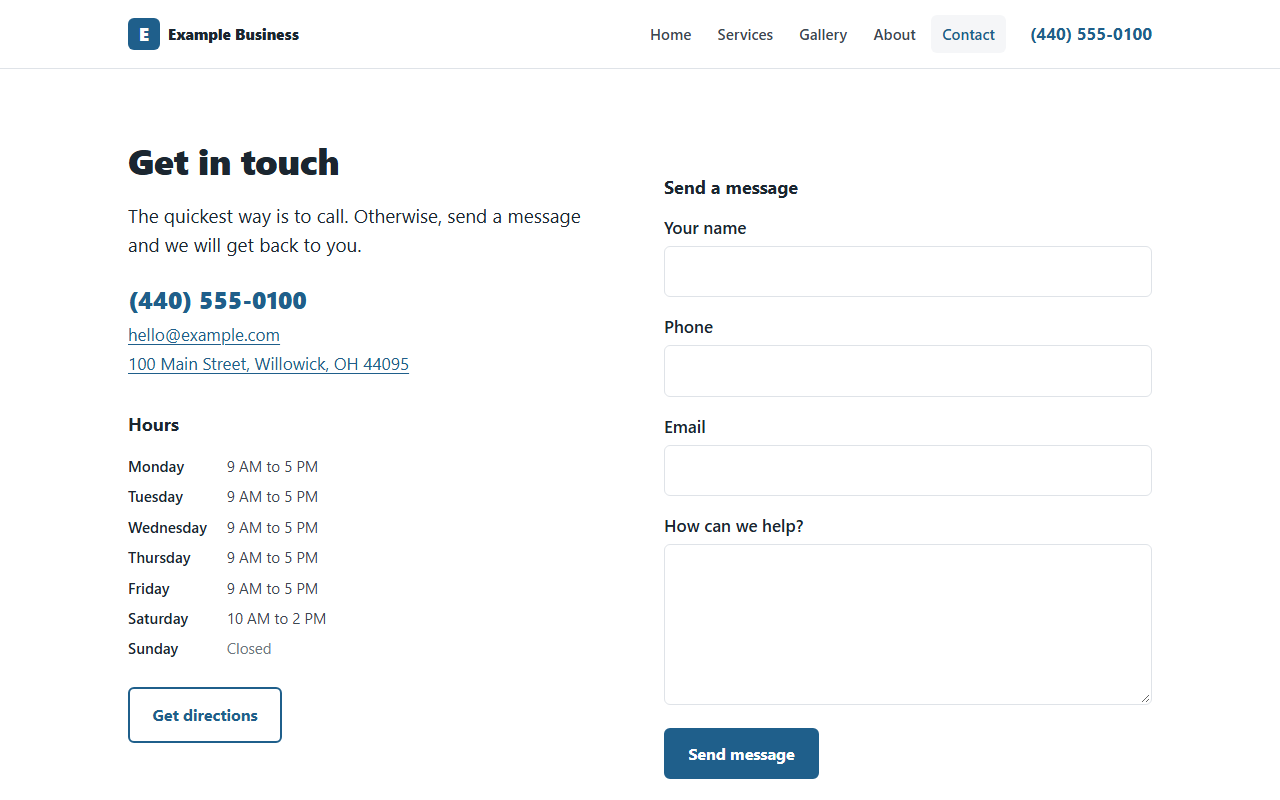 Contact page with address, hours, a map and a message form