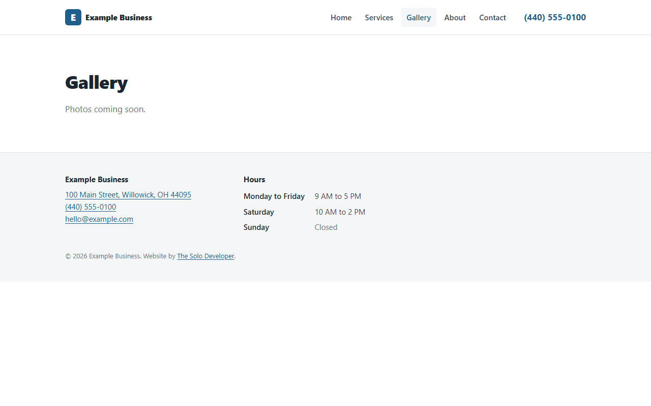 Gallery page, empty until photos are added