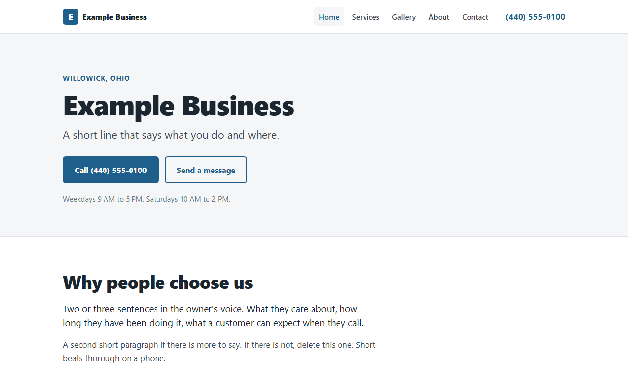 Home page with the business name, a tagline, call and message buttons and today's hours