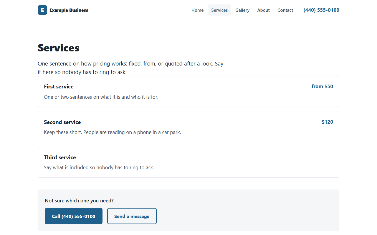 Services page listing each service with a short description and a price